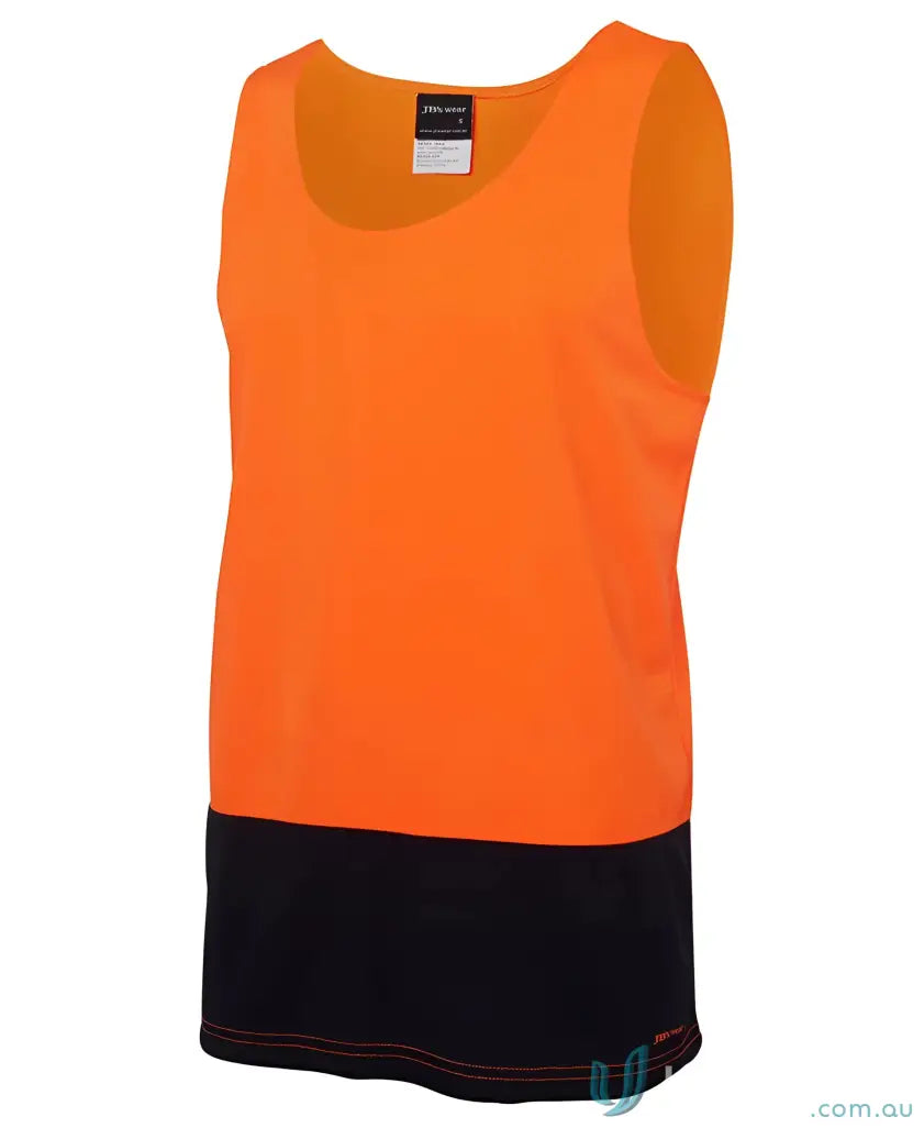 Orange and black sleeveless work uniform top meeting Australian safety standards