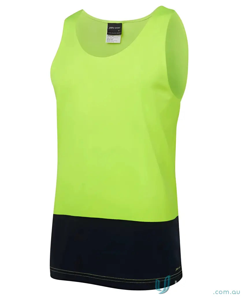 Lime green and black JBs HiVis Singlet for work uniforms meeting Australian safety standards