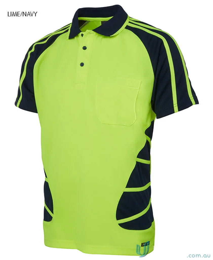 Lime and navy fabric polo shirt perfect for uniforms and workwear in the JBs HiVis Spider Polo