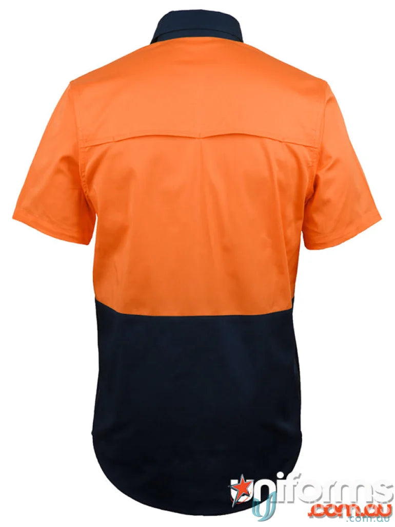 Orange and navy JB’s HiVis SS Stretch Work Shirt with short sleeves for comfort