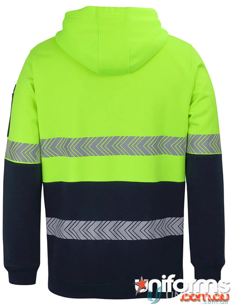 High-visibility segmented tape hoodie with hooded design and D+N 1/2 zip style