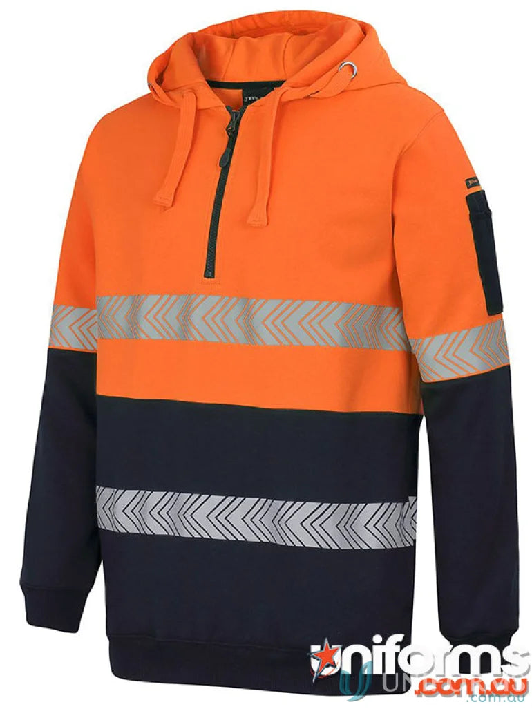 Orange and navy blue high-visibility segmented tape hoodie for safety and style