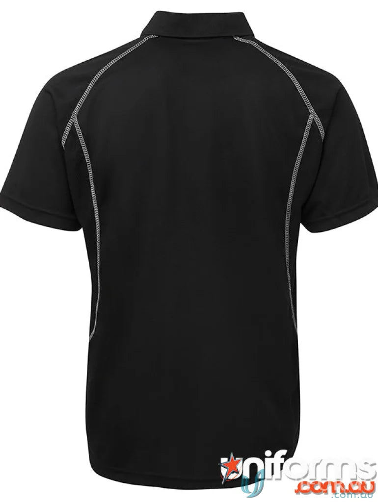 Black JB’s Insert Poly polo shirt with white stitching in Podium Cool™ moisture-wicking pique knit fabric