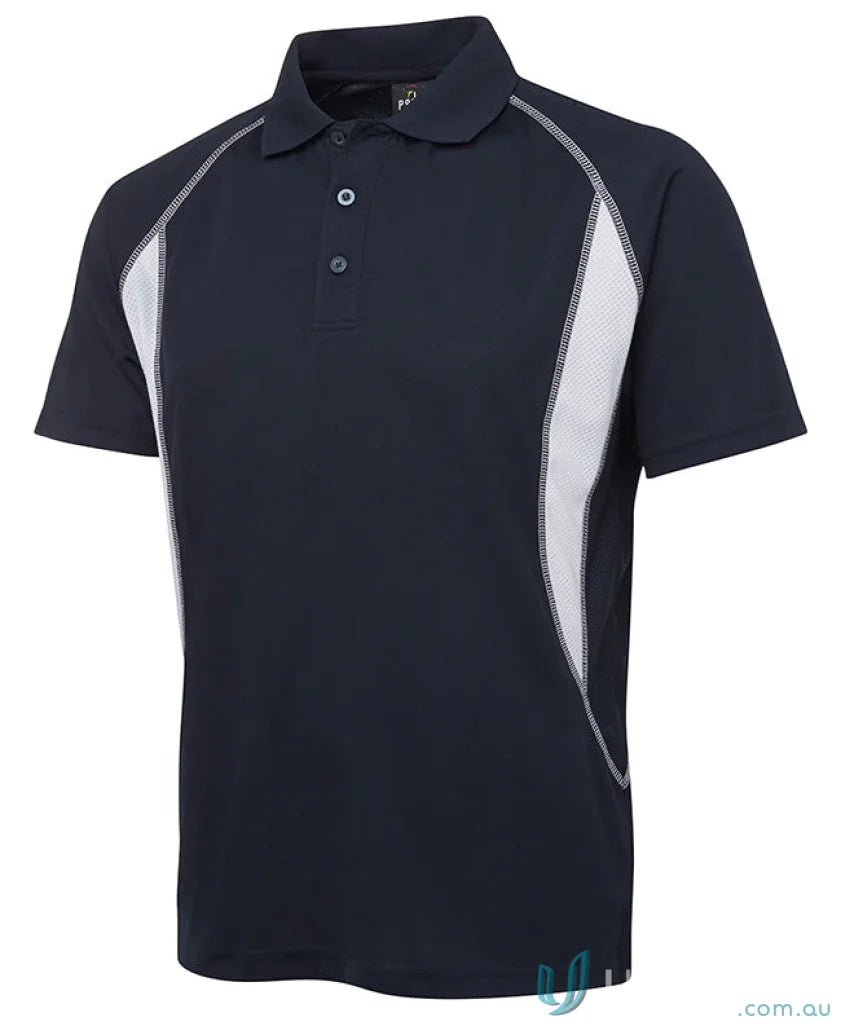 Navy blue JB’s Insert Poly polo shirt with white mesh side panels and podium cool™ moisture-wicking pique knit fabric