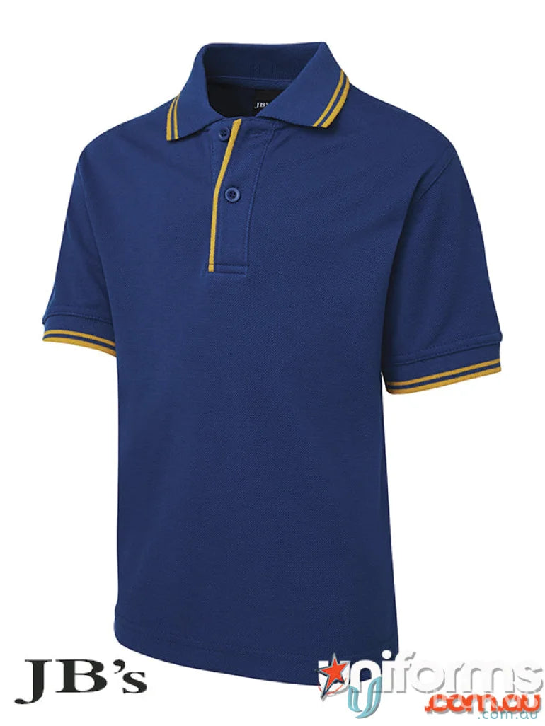 Kids contrast polo JB’s Kids Contrast blue polo shirt with gold trim and reinforced herringbone tape