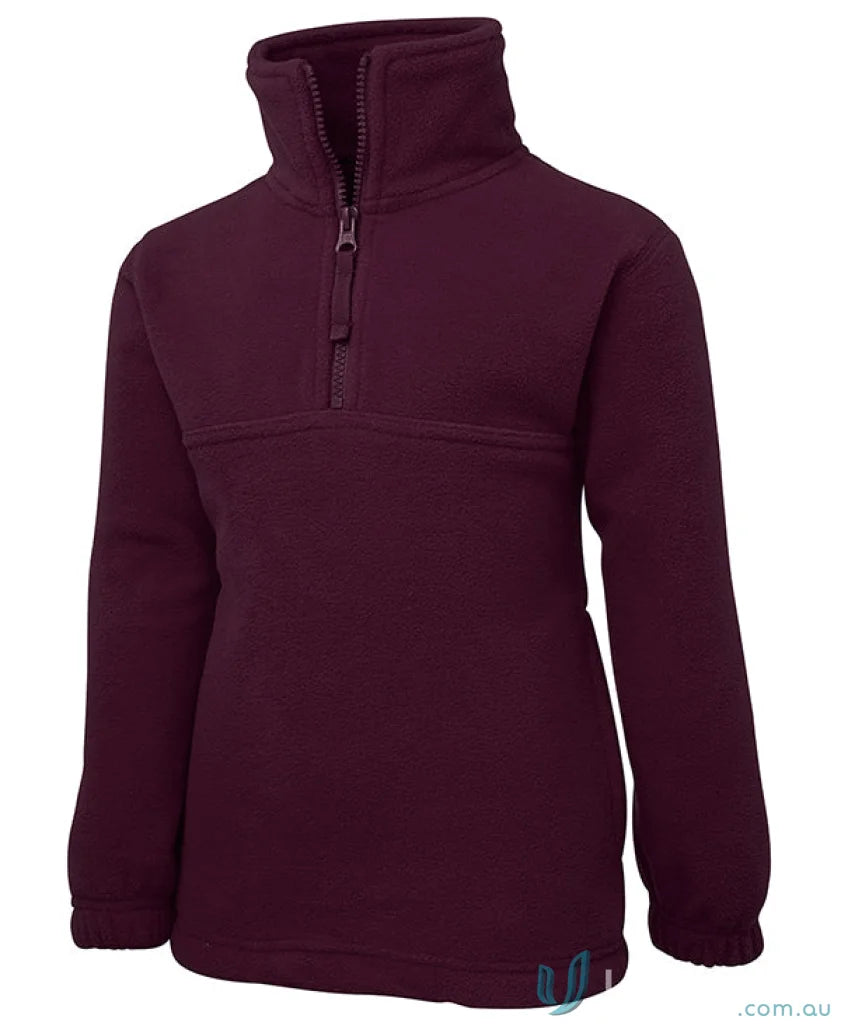 Maroon kids half zip fleece pullover made from 290gsm polar fleece with low-pill finish