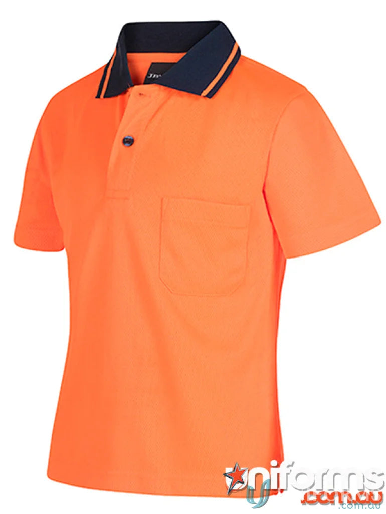 Orange infant sizes polo shirt with navy collar, perfect for uniforms and workwear