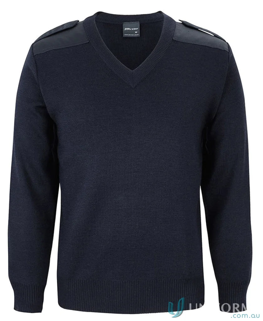 Navy blue V-neck knitted epaulette jumper with woven elbow patches and hook-pile tape closures