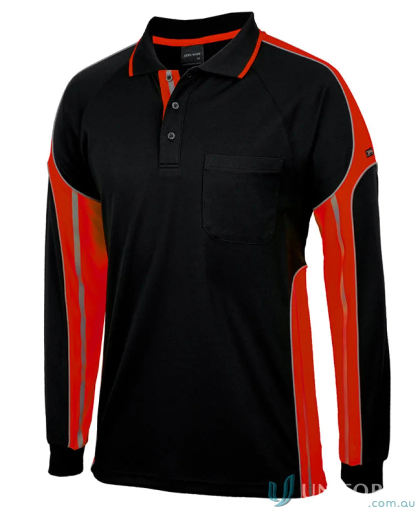 Black and orange long-sleeved polo shirt from JB’S L/S Street Panel Polo, perfect for workwear and uniforms