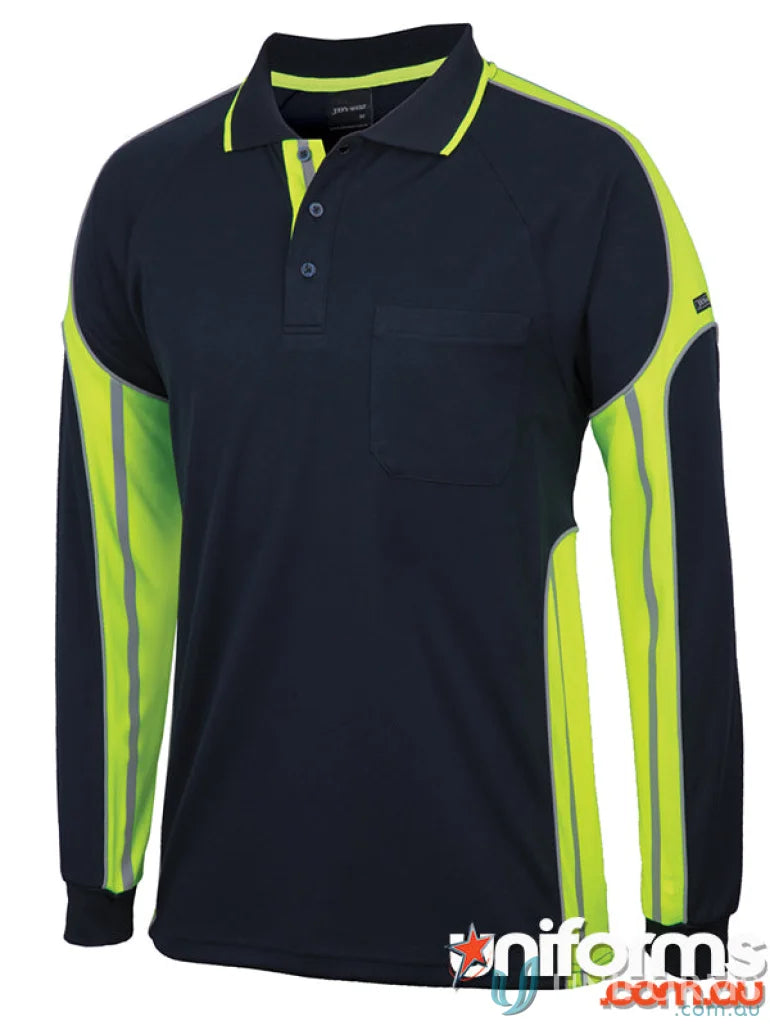 Navy and lime green JB’S L/S Street Panel Polo shirt made for workwear and uniforms