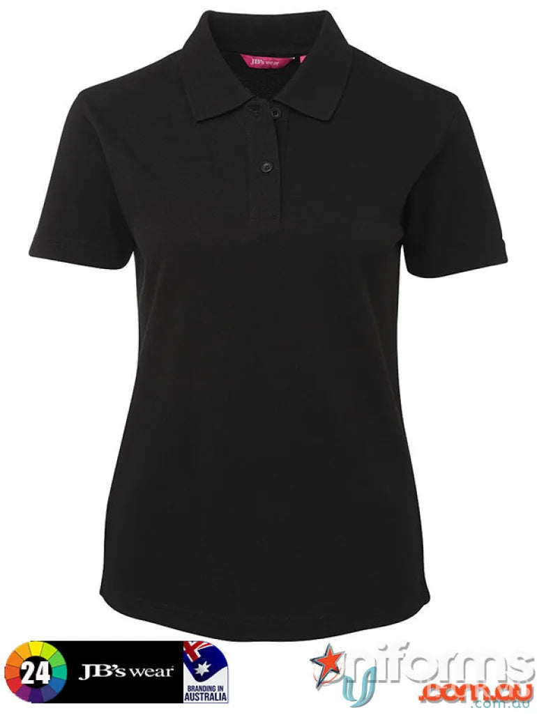 JBs Ladies black short-sleeved polo with knitted collar and UPF protection