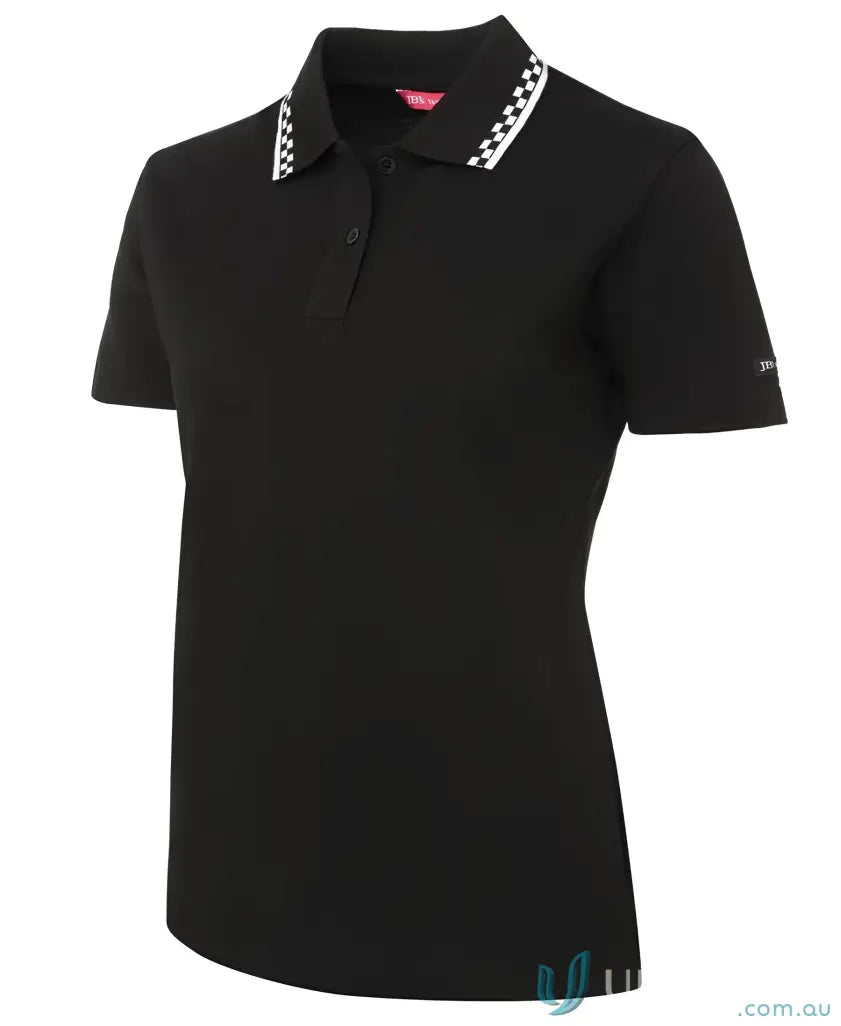 Black JB’s Ladies Chef Polo with checkered collar made of 210gsm double pique fabric