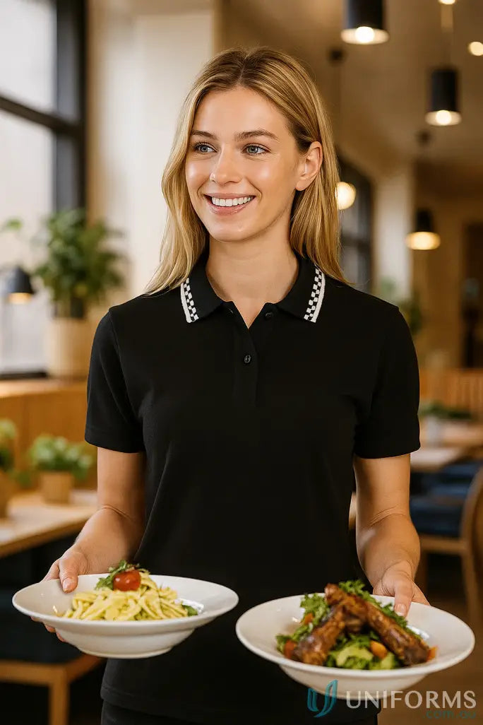 Woman in JB’s Ladies Chef Polo holding two plates of food, 210gsm double pique fabric
