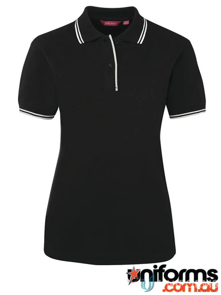 Black polo shirt with white trim from JB’s Ladies Contrast Polo collection, 210gsm pique knit