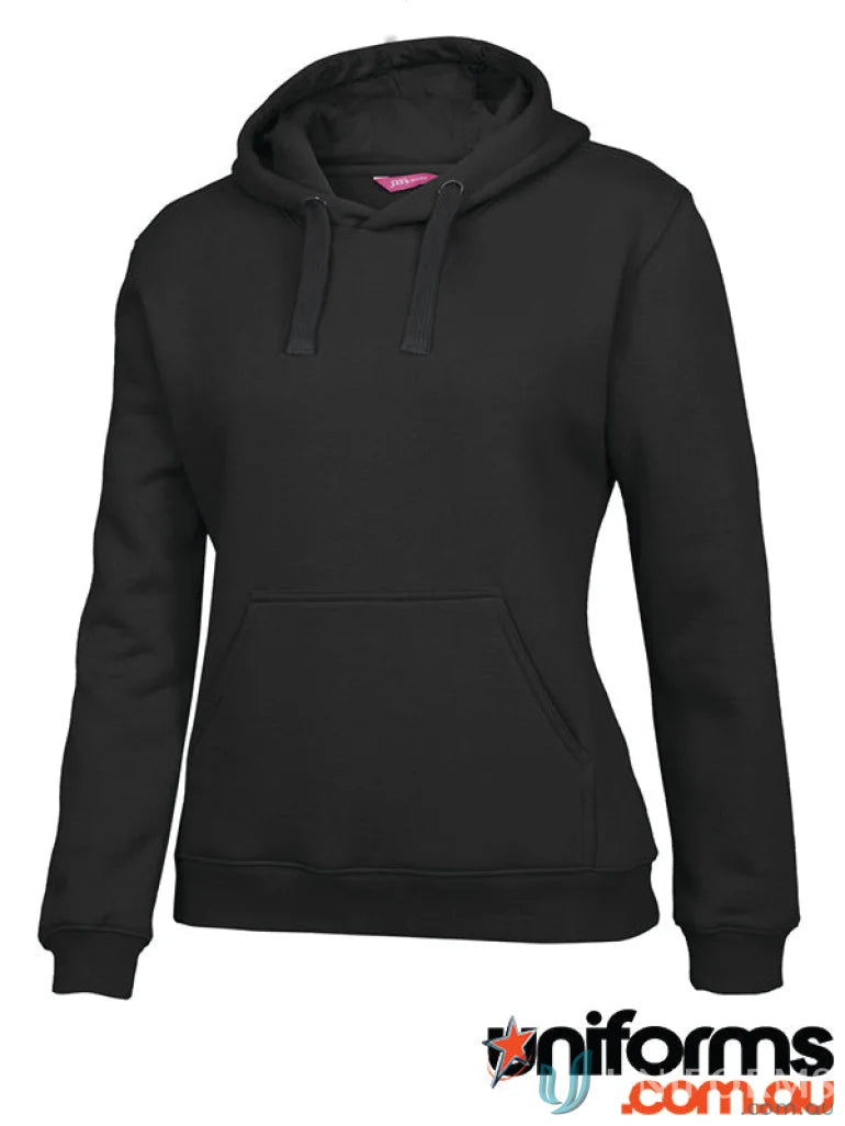 Black hooded sweatshirt from JB’s Ladies Fleecy Hoodie with interchangeable drawcord colours