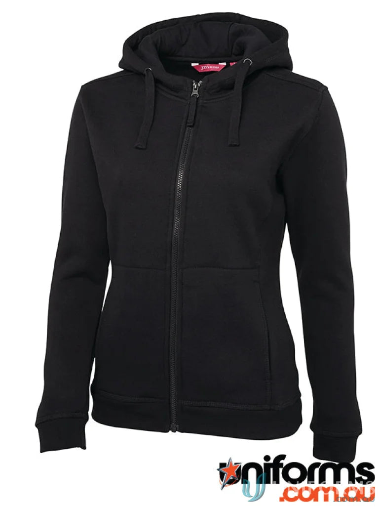 Black zip fleecy hoodie from JB’s Ladies with a fully lined hood and zip-up style