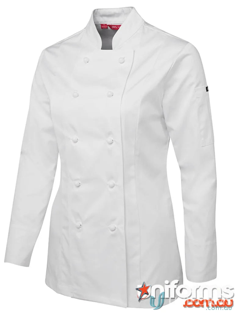 White ladies long sleeve chef’s jacket with double-breasted design from JBs