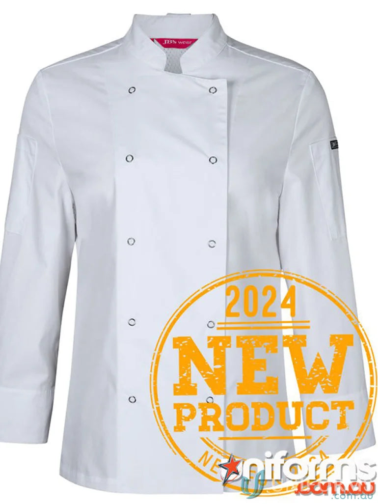 White JB’s Ladies Long Sleeve Snap Button Chef Jacket for unrestricted movement