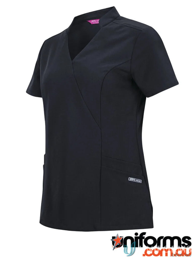 Black V-neck scrub top with mandarin collar and princess lines from JB’S Ladies Nu Mandarin collection