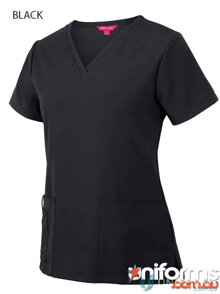 Black V-neck scrub top from JB’s Ladies Nu Scrub Top with urban fit and waist dart