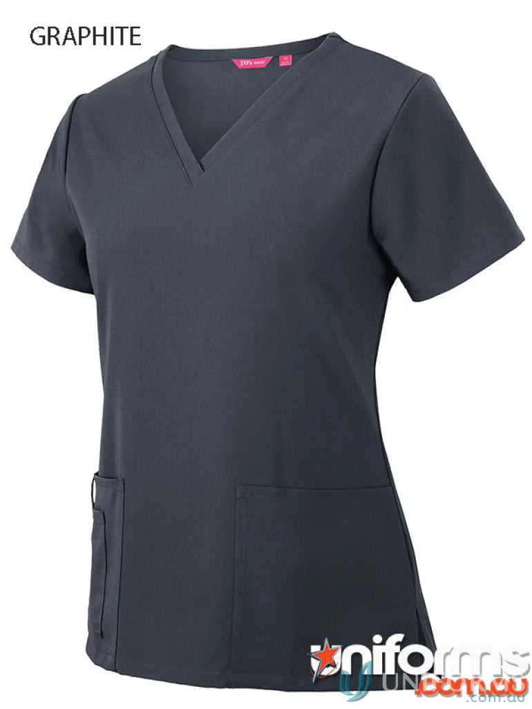 Graphite-colored V-neck JB’S Ladies Nu Scrub Top with urban fit and waist dart