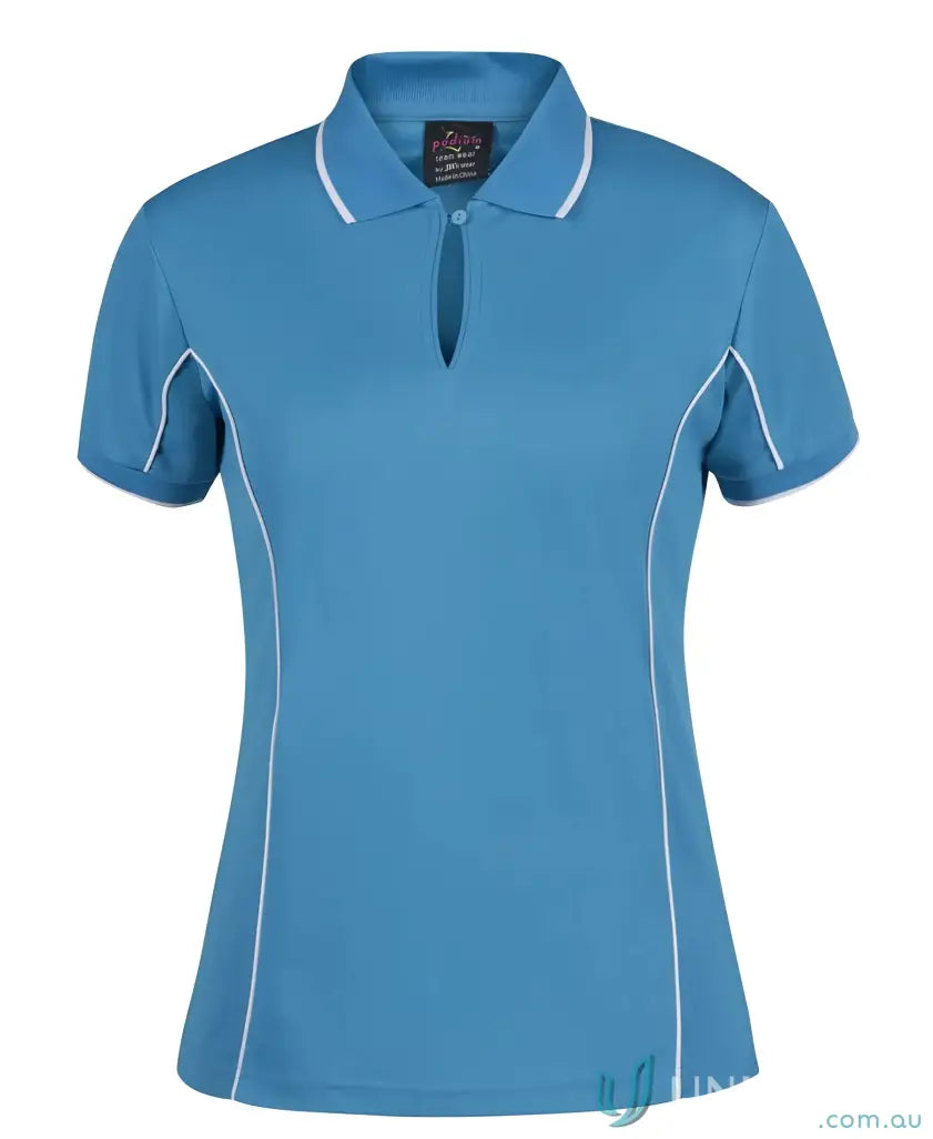 Blue JB’s Ladies Podium piping polo with white trim for staying cool in large sizes