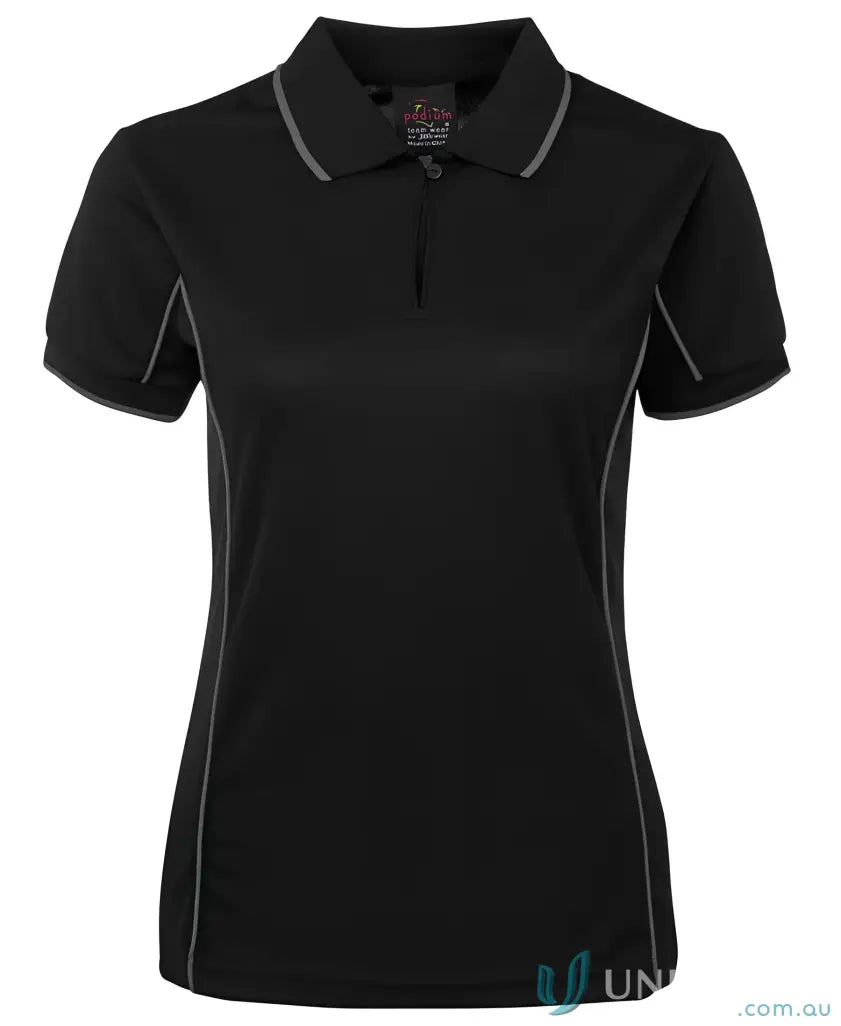 Black JB’s Ladies Podium piping polo 7LPI with gray trim to stay cool and look sharp
