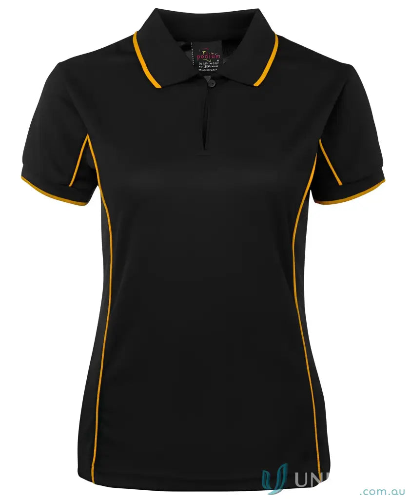 Black JB’s Ladies Podium Piping Polo with gold trim, stay cool in style