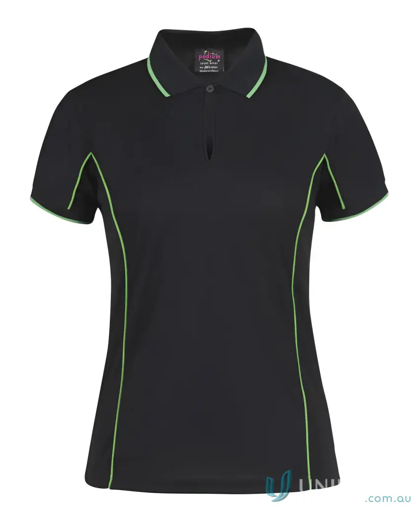 Black JB’s Ladies Podium piping polo 7LPI with green trim, stay cool and stylish