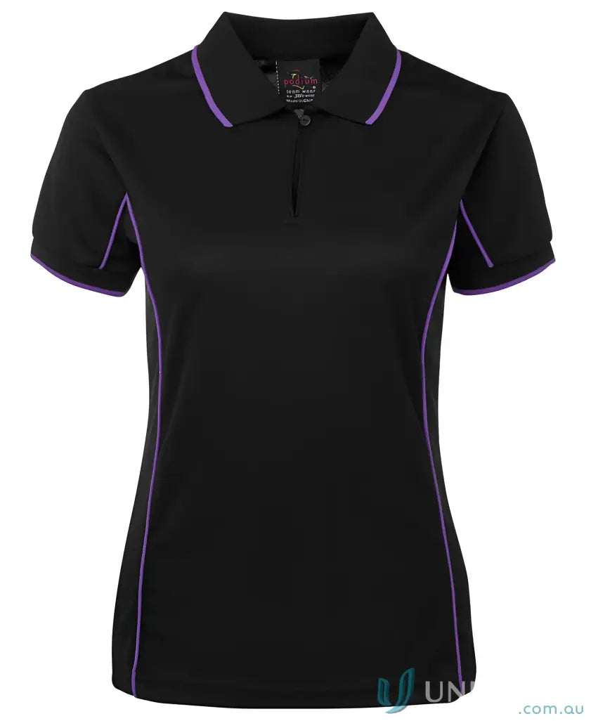 Black JB’s Ladies Podium piping polo 7LPI with purple trim for staying cool and stylish