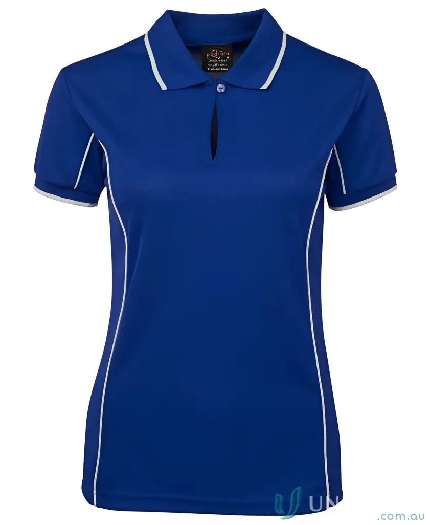 Blue JB’s Ladies Podium Piping Polo with White Trim, perfect to stay cool