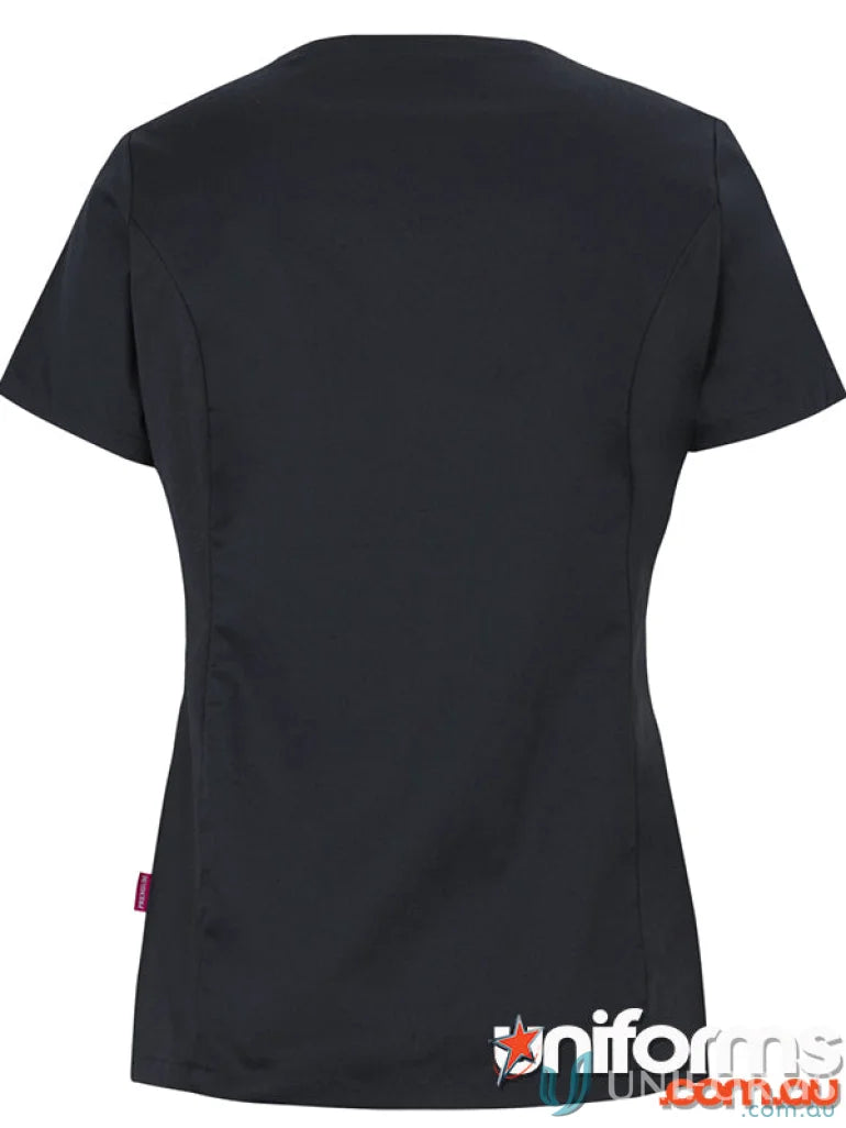 Black ladies premium stretch scrub top in 160gsm twill fabric from JB’S Ladies Premium Stretch Panel Scrub Top