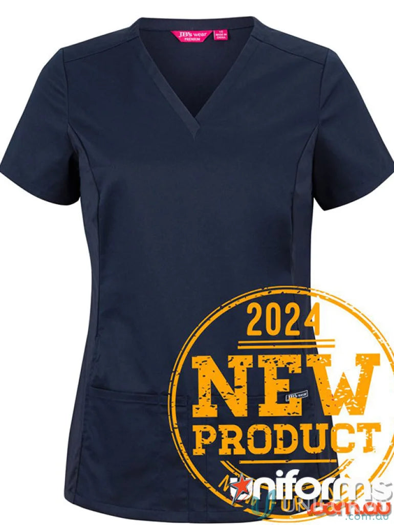 Navy blue ladies premium stretch stretch panel scrub top made with 160gsm twill fabric