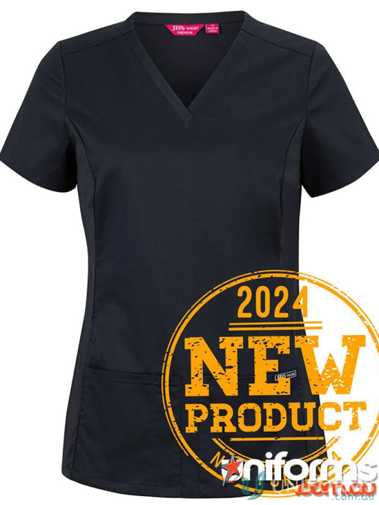 Navy blue ladies premium stretch V-neck scrub top in 160gsm twill fabric with stretch panel