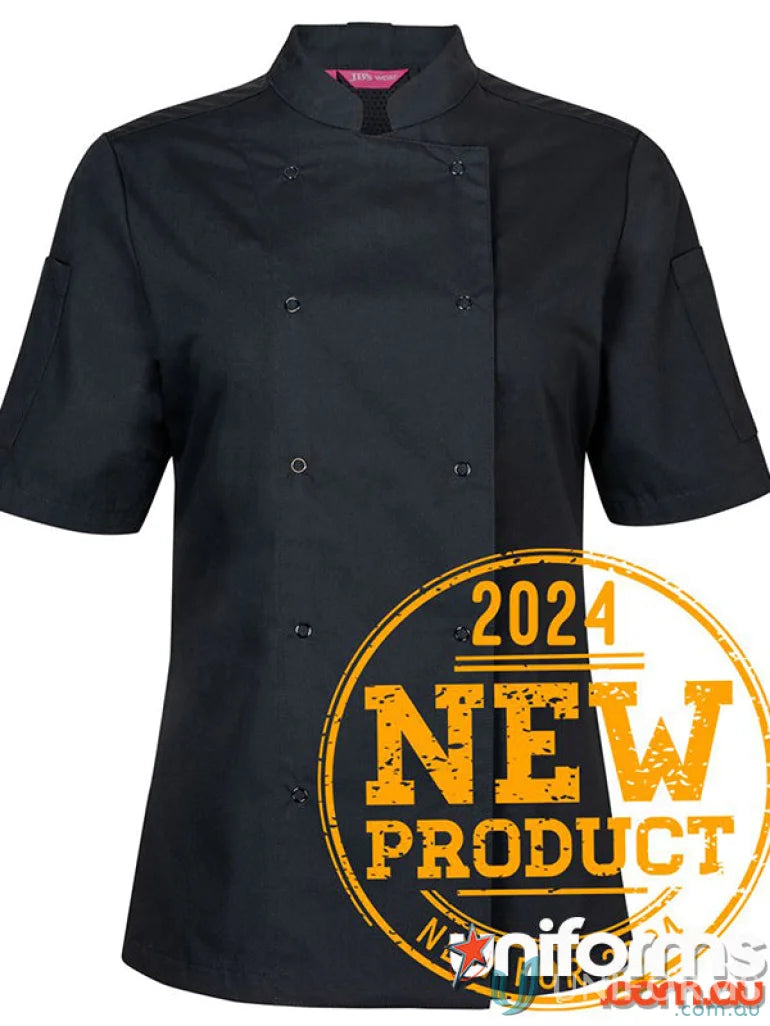 Black short-sleeved snap button chef jacket with dual pen pockets for JBs Ladies S/S