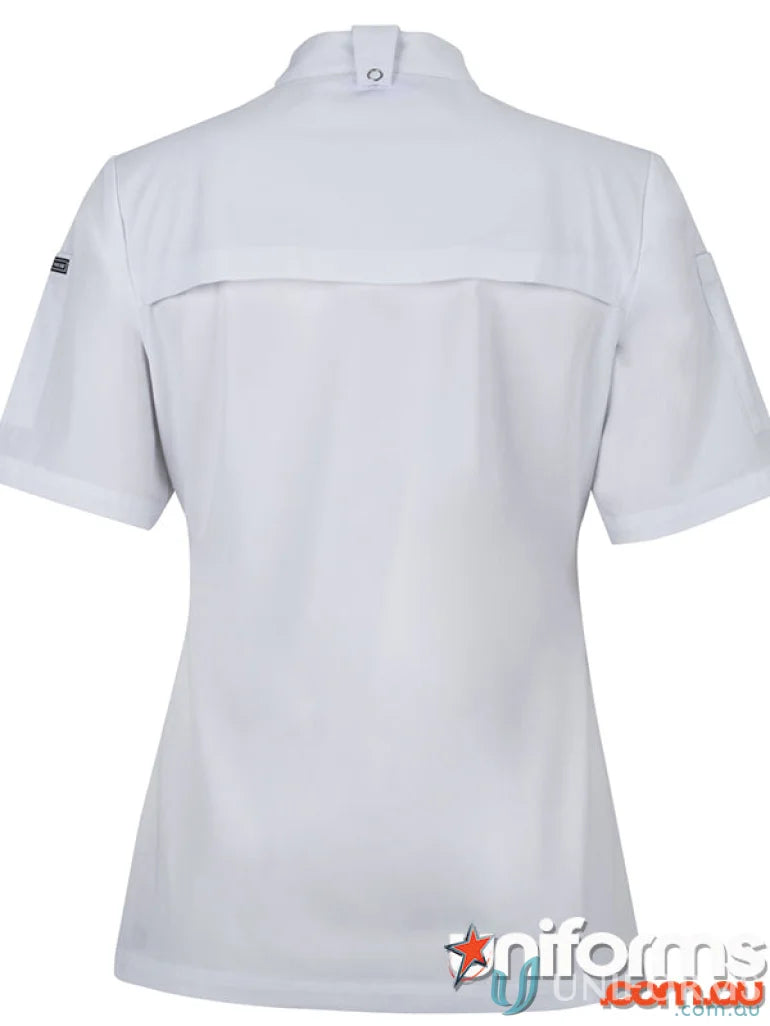 White JB’S Ladies S/S Snap Button Chef Jacket with dual pen pockets