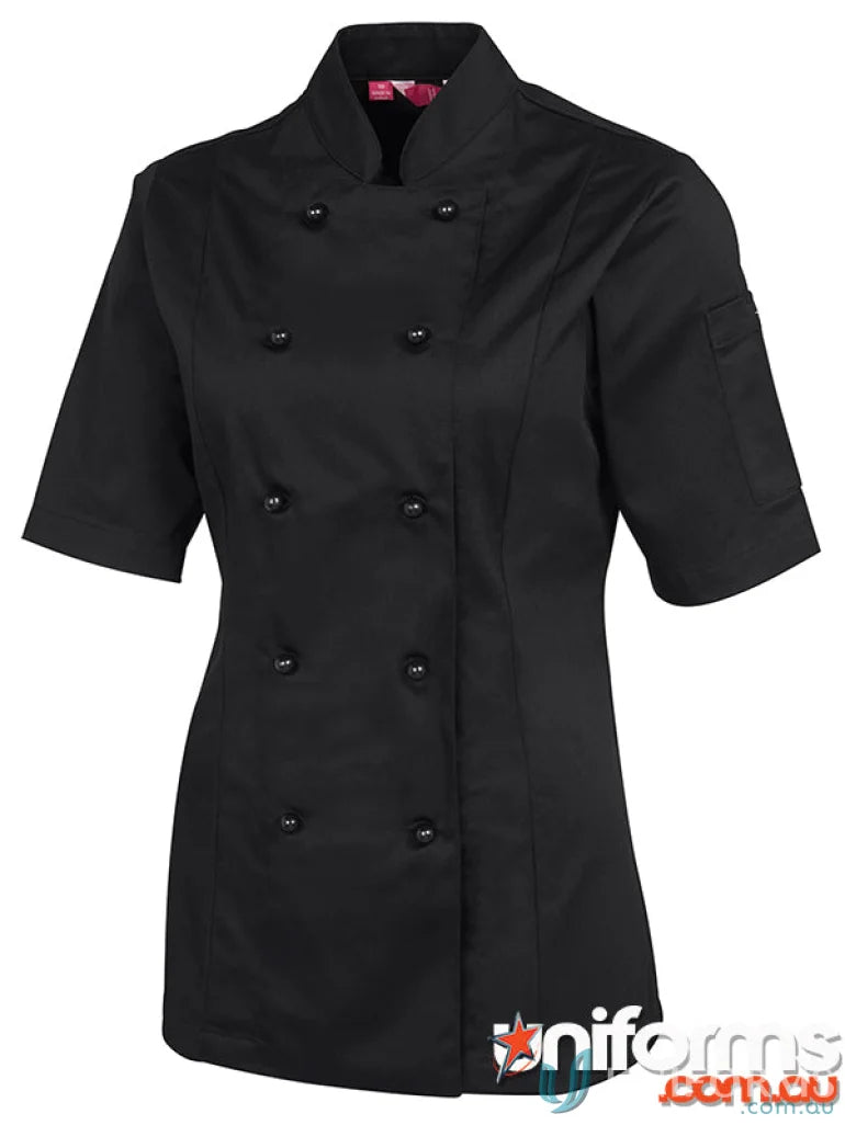Black short-sleeved chef jacket from JBs Ladies Short Sleeve Chef Jacket with pen pockets
