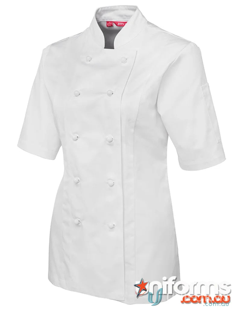 White chef jacket with pen pockets from JBs Ladies Short Sleeve Chef Jacket collection