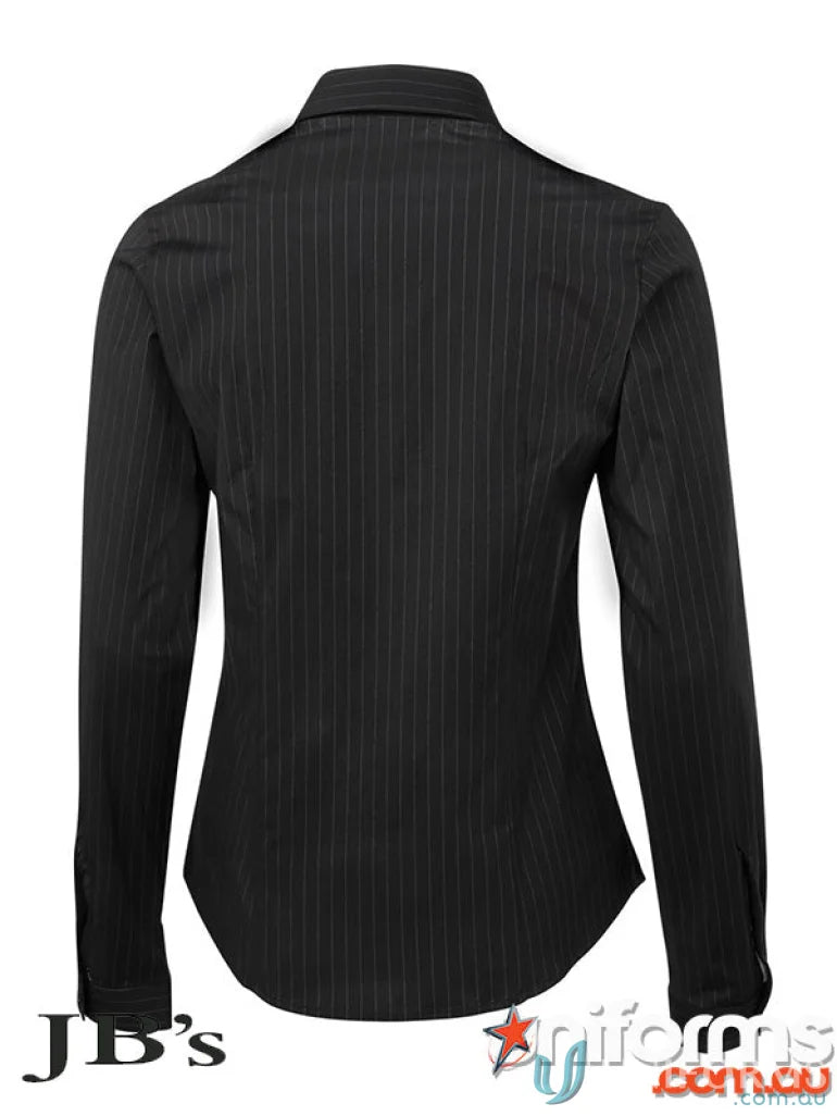 Black pinstripe long-sleeved shirt from JBs Ladies Urban LS Shirt, perfect workwear or uniforms