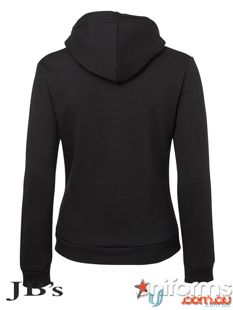 Black ladies zip hoodie with ribbed hem and cuffs from JBS Ladies Zip Hoodie line