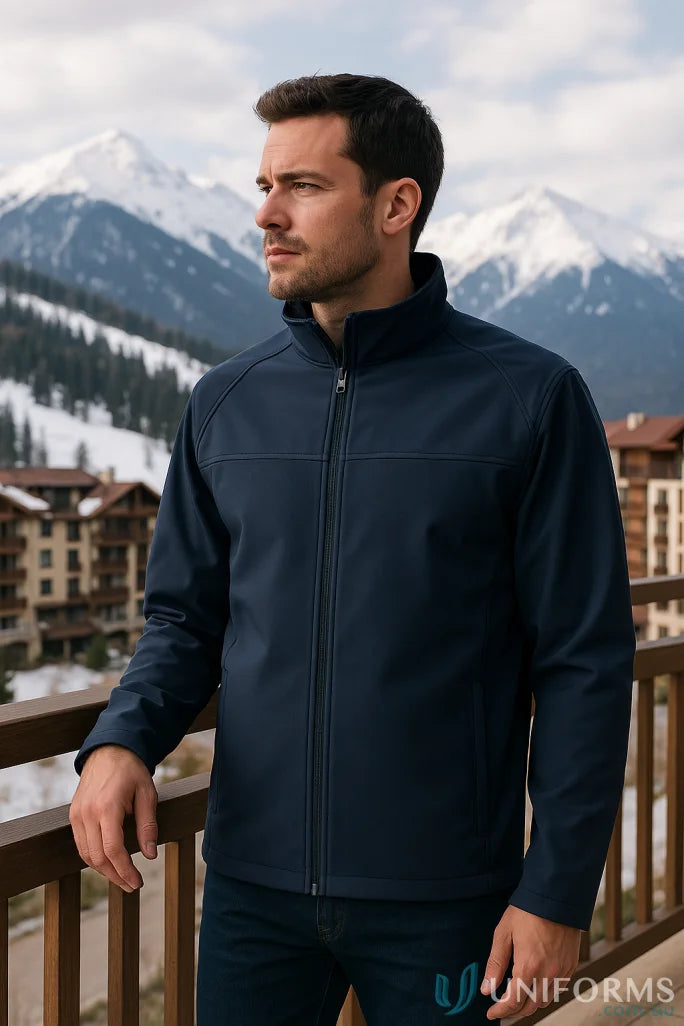 Dark blue JBs Layer Softshell Jacket with zip-up style and stand collar for men