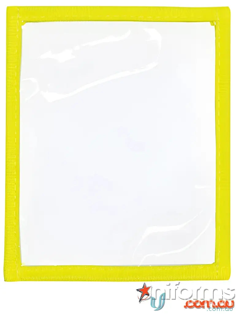 Yellow-bordered clear plastic pocket ideal for work uniforms and workwear storage