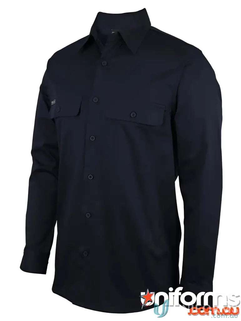 Navy blue long-sleeved JBs LS Stretch Work Shirt for work uniforms with sun protection