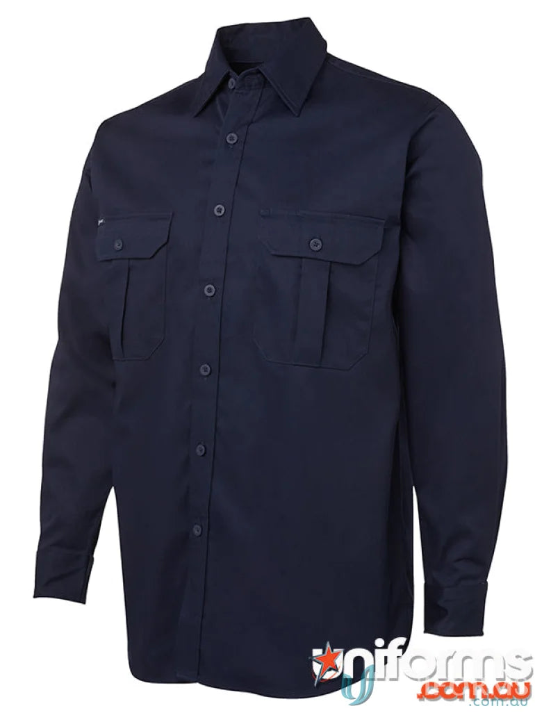 Navy blue long-sleeved work shirt from JBs LS Work Shirt, perfect for uniforms and workwear