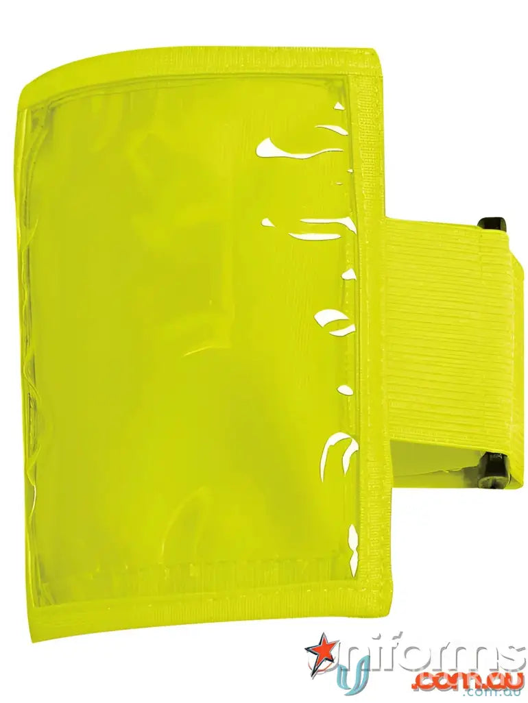 Yellow armband with clear plastic window for work uniforms or workwear is shown
