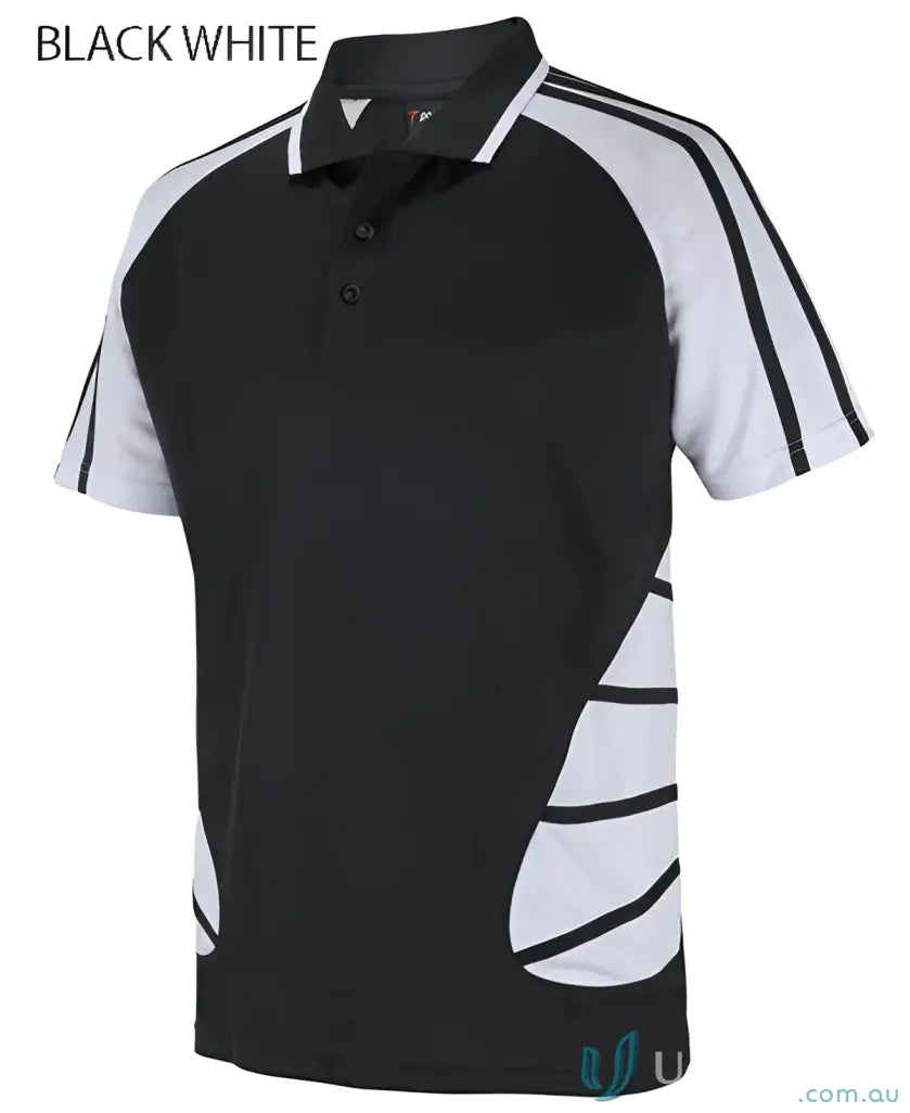Black and white Podium Arachnid Polo with UPF protection 160gsm pique knit style