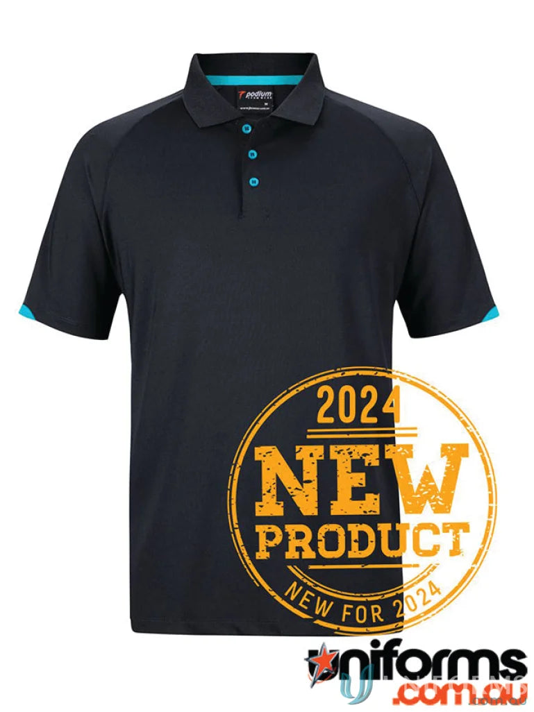 Black JB’s Podium Contrast Stretch Polo with teal accents offering unmatched comfort
