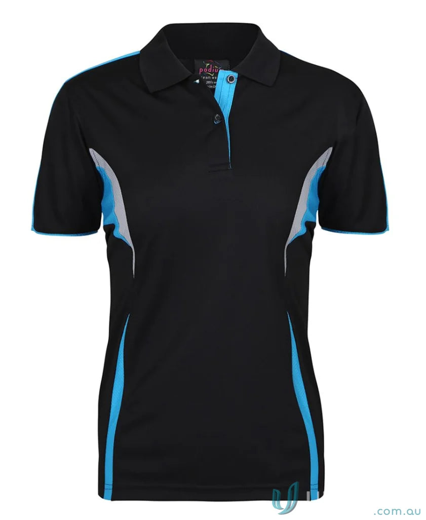 Black and blue womens polo shirt with dual-color body panel and jbs podium cool moisture-wicking tech