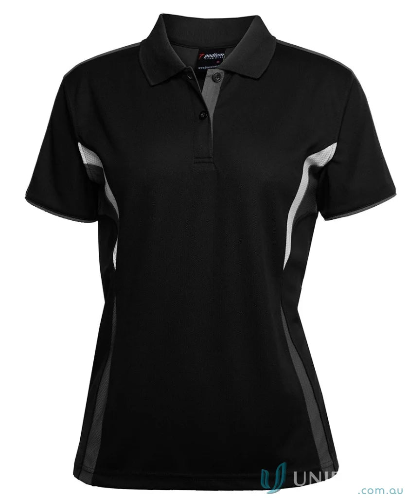 Black and gray women’s JB’s Podium Cool Polo with dual-color body panel and moisture-wicking tech