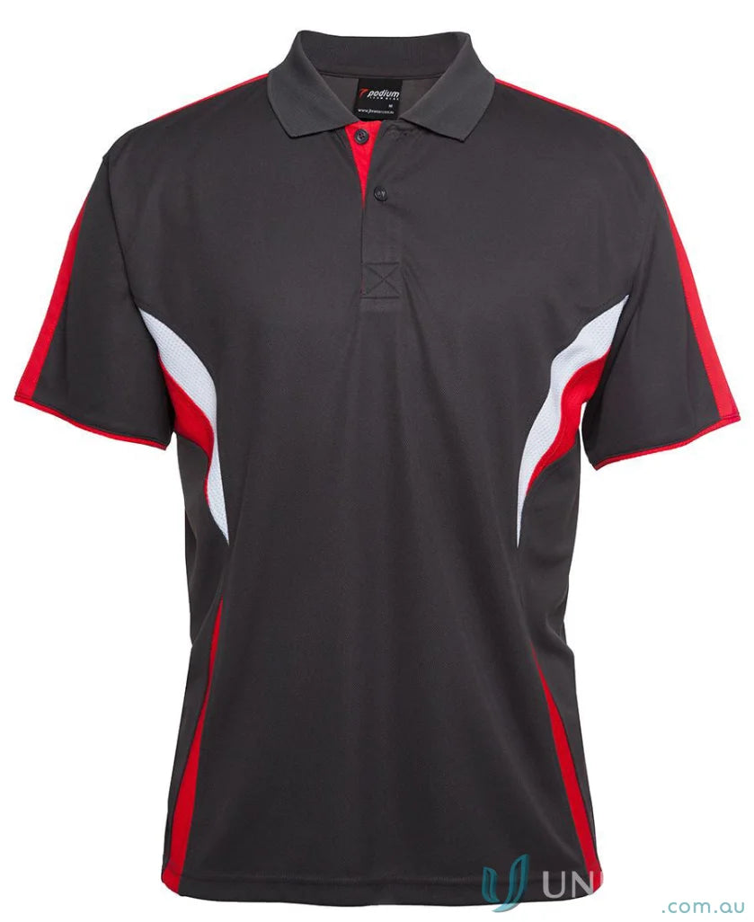 Gray JB’s Podium Cool Polo with dual-color body panel and moisture-wicking tech